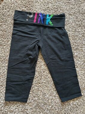 Victoria's Secret PINK Black Capri Yoga Leggings with Multicolor Sequin Logo